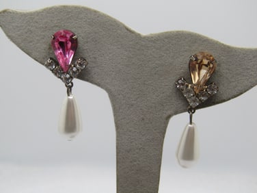 Vintage Sterling Rhinestone Faux Pearl Earrings, Drop, Pierced, 1980's
