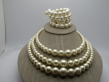 Vintage Graduated Faux Pearl Necklace & Coiled Bracelet, 1940's, 16"