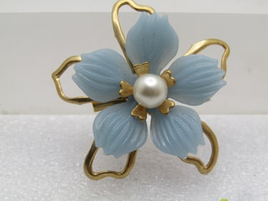 Vintage Blue Floral Brooch, Blessed Mother Charm Dangle, 1960's