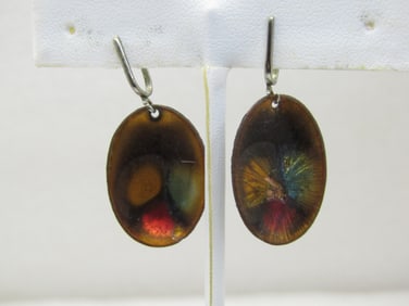 Vintage Heat Enameled Copper Earrings, Dangling, Screwback, 1.5" Long, 1970's.