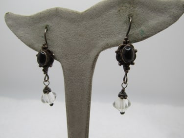 Vintage Sterling Black Cateye Earrings with Crystals, Drop, Boho, 1980's-1990's