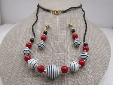 Vintage Red White Blue & Black Spiral Beaded Necklace Earrings Set, 28"