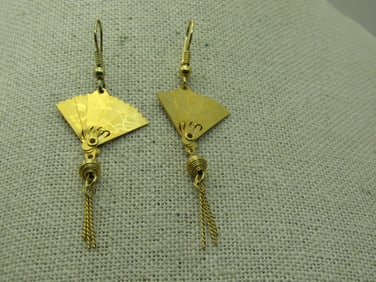 Vintage Folding Japanese Fan Earrings, Pierced, Gold Tone, Tassels, 2.25"