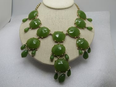 Vintage Joan Rivers Green V-Drop Bib Necklace with Drops, 18", 1990's-2000, Original Box