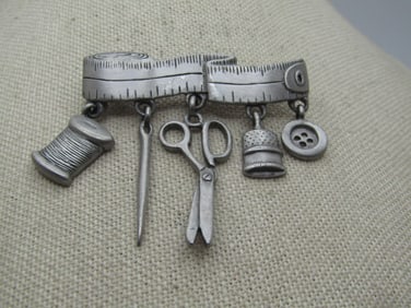 Vintage Seamstress/Tailor Brooch, Dangle, Signed JJ  2", Pewter