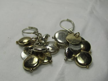 Vintage Two-Tone Dangle Leverback Earrings, Pierced, 2" Dangle