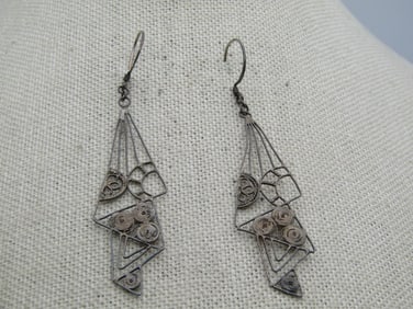 Vintage Sterling Filigree Dangle Earrings, Pierced, Boho, 1960's-1980's
