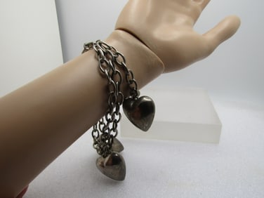 Vintage Chunky Puffy Heart Bracelet, 7.25", Triple Strand, 1980's