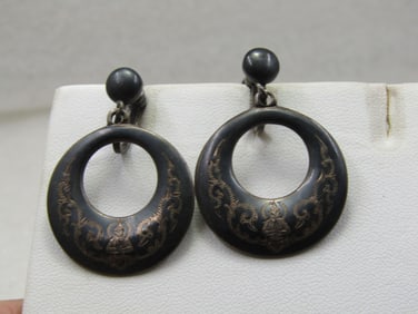 Vintage Siam Sterling Stud Dangle Hoop Earrings, Screw Back, Enameled,  1940's-1950's