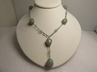 Vintage Pale Green Glass/Agate Necklace, with Dangle, 24", 1980's-1990's