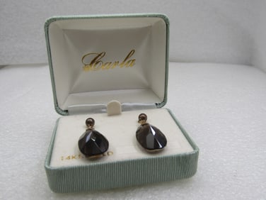 Vintage 14kt Smoky Topaz Dangle Earings, Signed C for Carla