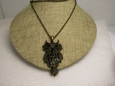 Vintage Silver Tone Owl Necklace, 24", Dangle Eyes, 1970's