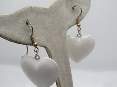 Vintage White Enameled Hear Earrings, 1960's, Pierced