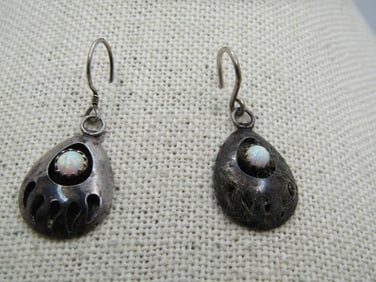 Vintage Sterling Southwestern Opal Bear Paw Earrings, Pierced Dangle, 1970's-1980's