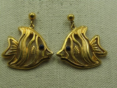 Vintage Tropical Gold FIsh Dangle Earrings, Pierced, 1.5", 1980's
