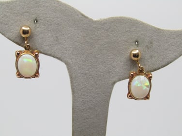Vintage 10kt Opal Drop Earrings, Screwback, Signed BDA, 1940's-1950's or possibly earlier.