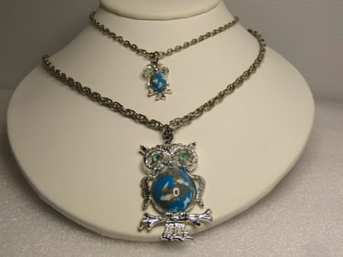 Vintage Mom & Baby Owl Necklace, Double Strand, 24", 1960's.