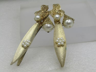 Vintage Pair Long Faux Pearl Barrettes, Filigree Drops