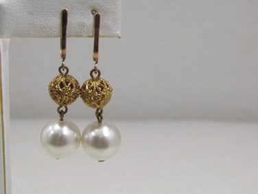 Vintage Filigree Pearl Dangle Earrings, Screwback, 1960's