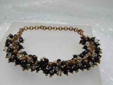 Vintage Black & Clear Crystal Ankle Bracelet, 10", 1980's-1990's