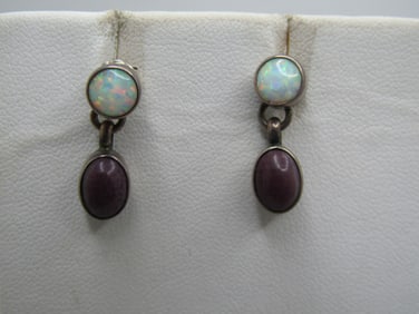 Vintage Sterling Created Opal/Purple Stone Earrings, Southwestern