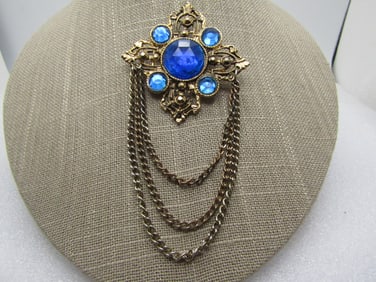 Vintage Blue Rhinestone Brooch, Chain Dangles, 4.5" by 2", 1980's.