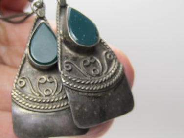 Vintage Bali Green Stone Pierced Earrings, Dangle, 2.5"