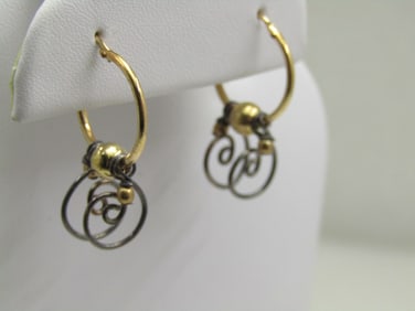 10kt G.F. Sterling Hoop Earrings, Scrolled Dangles, Pierced by Alisa Sickora