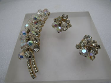 Vintage Crystal AB Beaded Brooch & Earrings, Clip, Dangle, 1960's