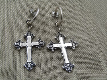 Vintage Cross Dangle Hoop Earrings, Pierced, 1980's-1990's, Signed SSD