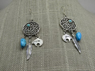Vintage Sterling Southwestern Turquoise Dreamcatcher Earrings