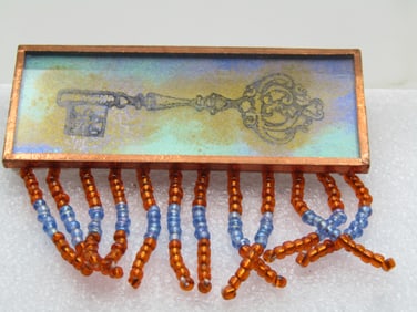 Vintage Stamped Key Framed Brooch, Dangle Beads, 1990's