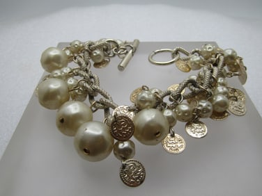 Vintage Faux Pearl & Coin Dangle Bracelet, 8", Toggle, 1980's-1990's