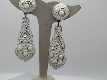 Vintage Silver Tone White Enameled Earrings, Long Pierced Dangle, 3.5" Raised silver tone accents