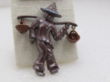 Vintage Chinese Basket Carrier Brooch, 2.75" Tall, by 2.25, Mid-Century
