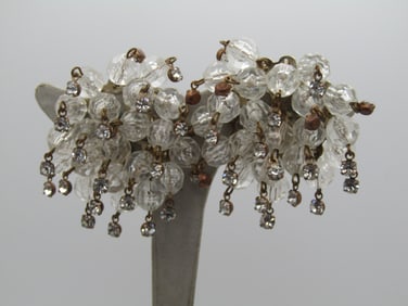 Vintage Faceted Bead & Rhinestone Cluster Earrings, Clip Dangles, 1940's-1950's