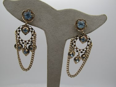 Vintage Blue Rhinestone Floral Chandelier Earrings, Screwback, 1960's-1970's