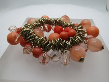 Vintage Pink & Salmon Beaded Stretch Bracelet, 1980's-1990's