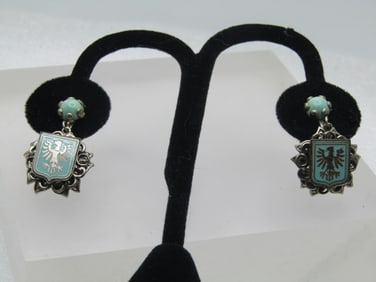 Vintage Enameled Coat-of-Arm Drop Earrings, 1940's-1950's
