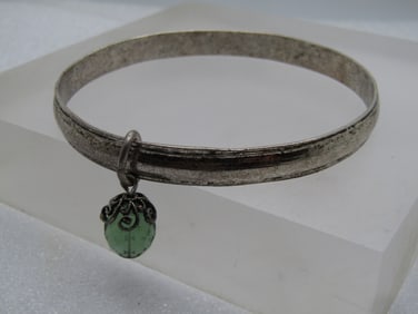 Vintage Bangle Bracelet Green Faceted Dangle, 8", 1980's-1990's
