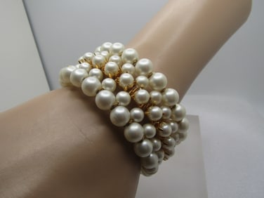 Vintage Faux Pearl Coiled Wrap Bracelet, Dangle Ends, 7" Plus, 1970's-1980's