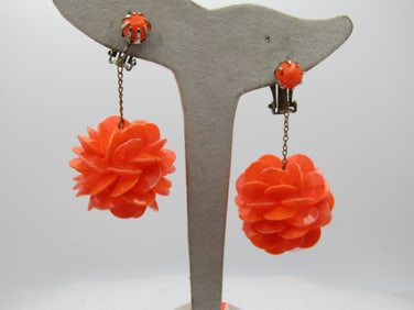Vintage Orange Stud and Dangle Clip Earrings, 1960's Statement 3-D, Iconic