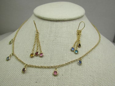 Vintage 10kt GF Rhinestone Necklace Earrings Set, Pierced, 16"