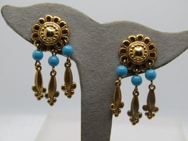 Vintage Faux Turquoise Stud Dangle Earrings,  Pierced. Fleur-de-Lis, 1970's-1980's