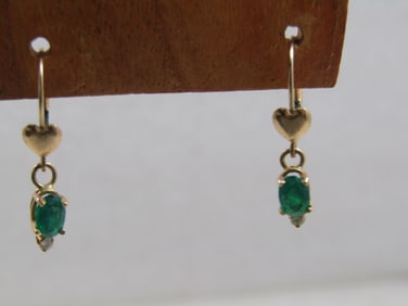 Vintage 14kt Emerald & Diamond Leverback Drop Earrings, .60 TCW, Signed
