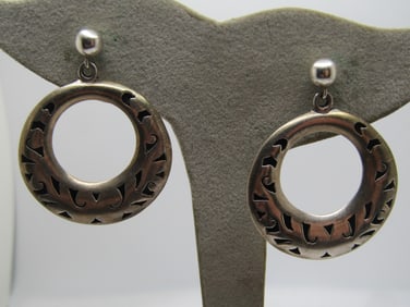 Vintage Sterling Cut-Out Hoop Earrings, Pierced, Signed MWS, 1990's