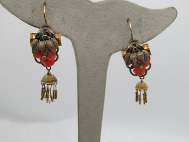 Antique 14kt Carved Coral Earrings, Pierced
