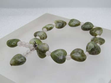 Green Agate Heart & Quartz Beaded Bracelet, 6"-7" Stretch, 1990's