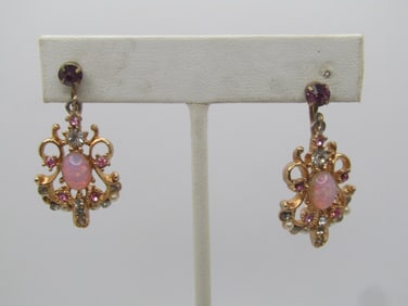 Vintage Faux Opal & Rhinestone Drop Earrings, Screwback, 1940's-1960's