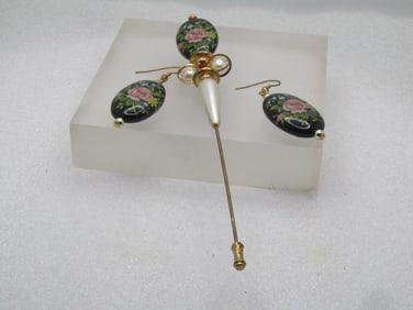 Vintage Pink Rose Hat Pin & Pierced Earrings, Dangle, 1980's